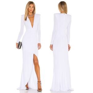 Nookie Farrah Gown Jersey Ruched Plunge V Neck High Slit Long Sleeve White Sz M